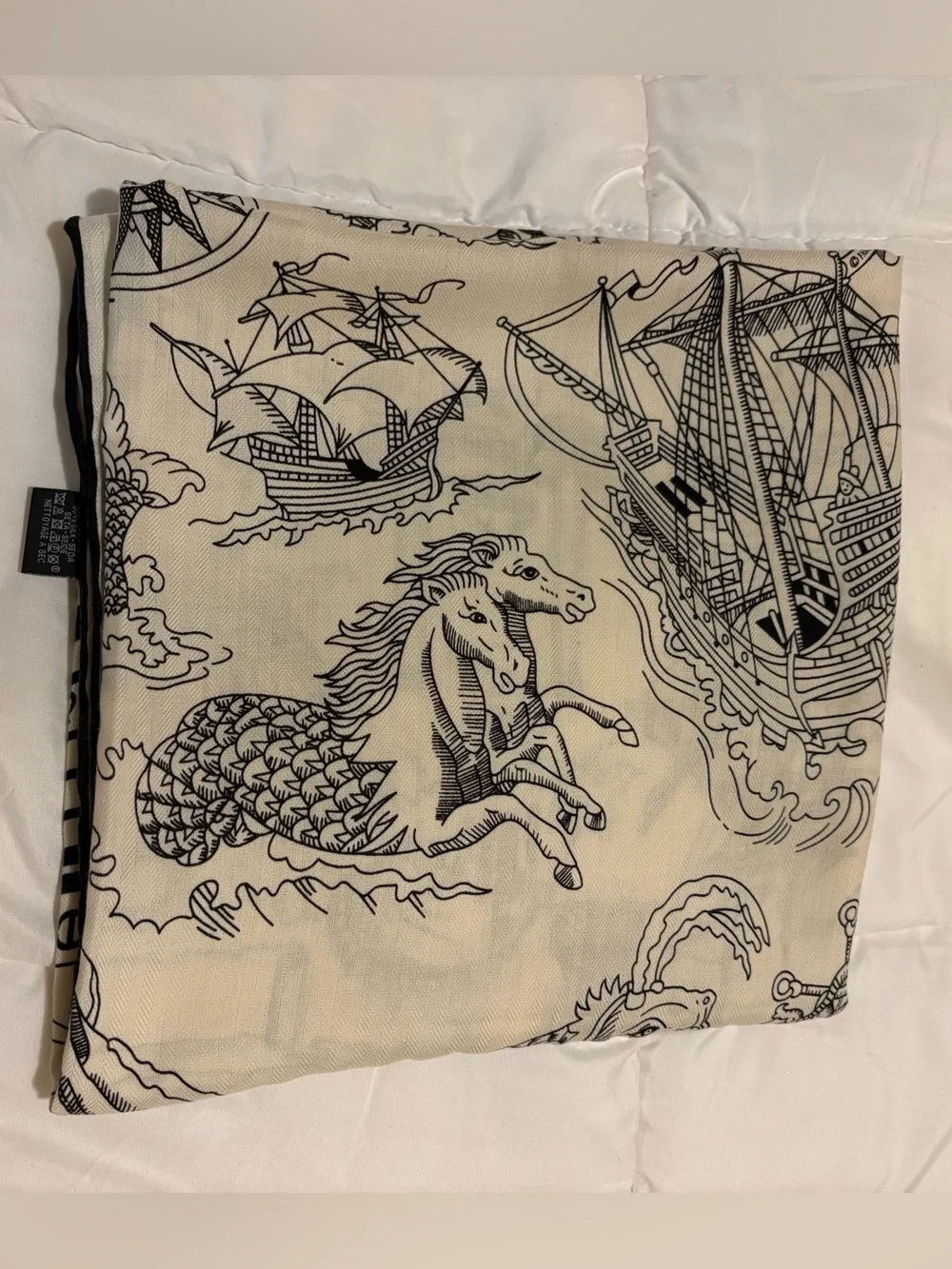 Oversized 50” Cashmere Silk Scarf Shawl 70% Cashmere Nautical Ship Print